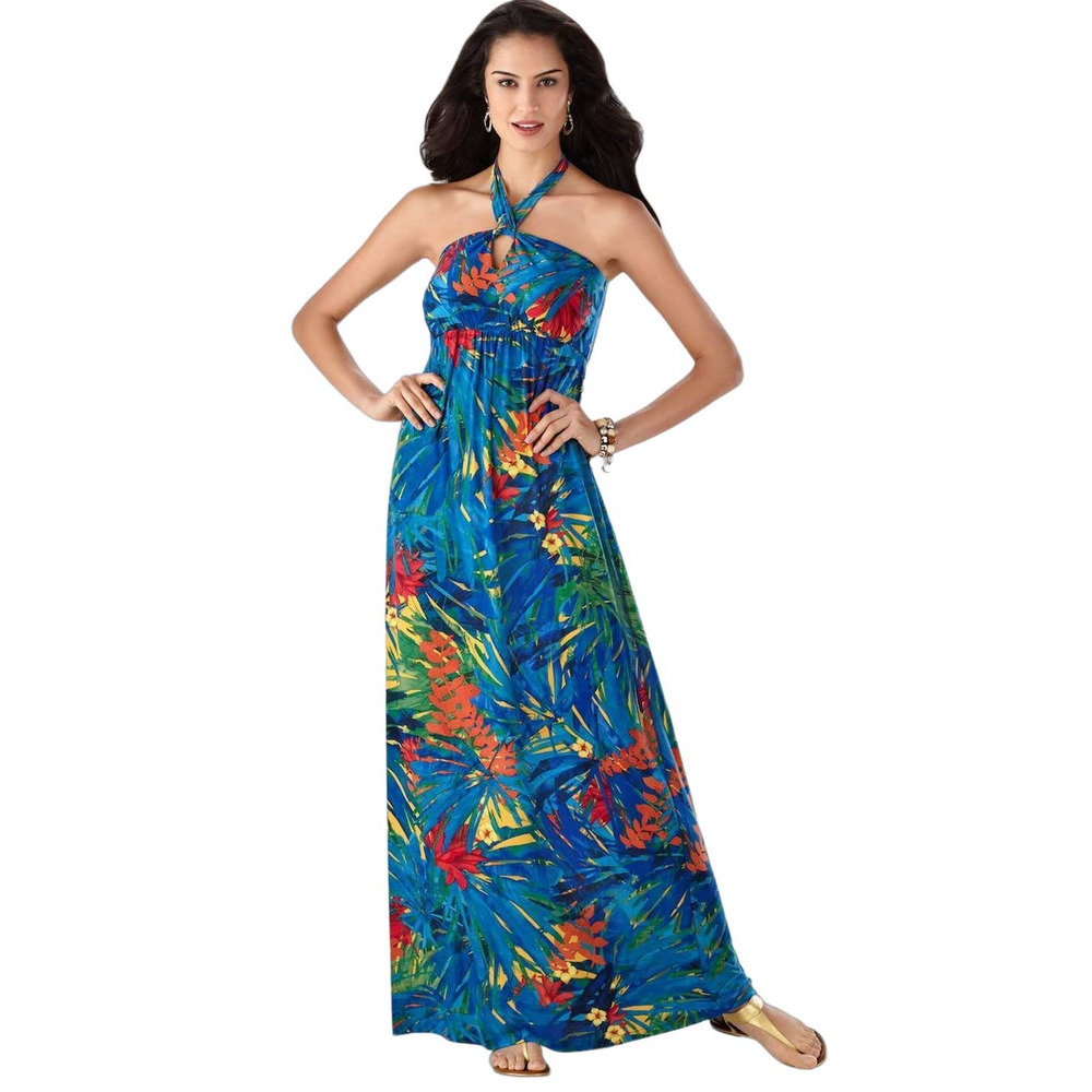 Soma Blue Tropical Halter Maxi Dress with Red & Yellow Accents
